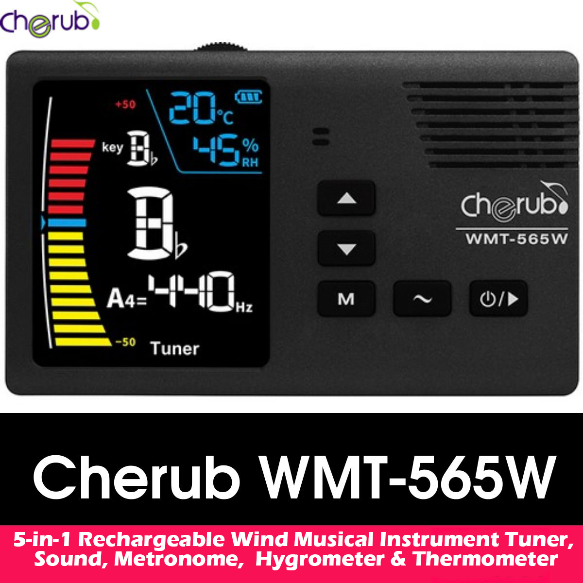 Cherub WMT-565W 5-in-1 Rechargeable Wind Musical Instrument Tuner, Sound, Metronome, Hygrometer